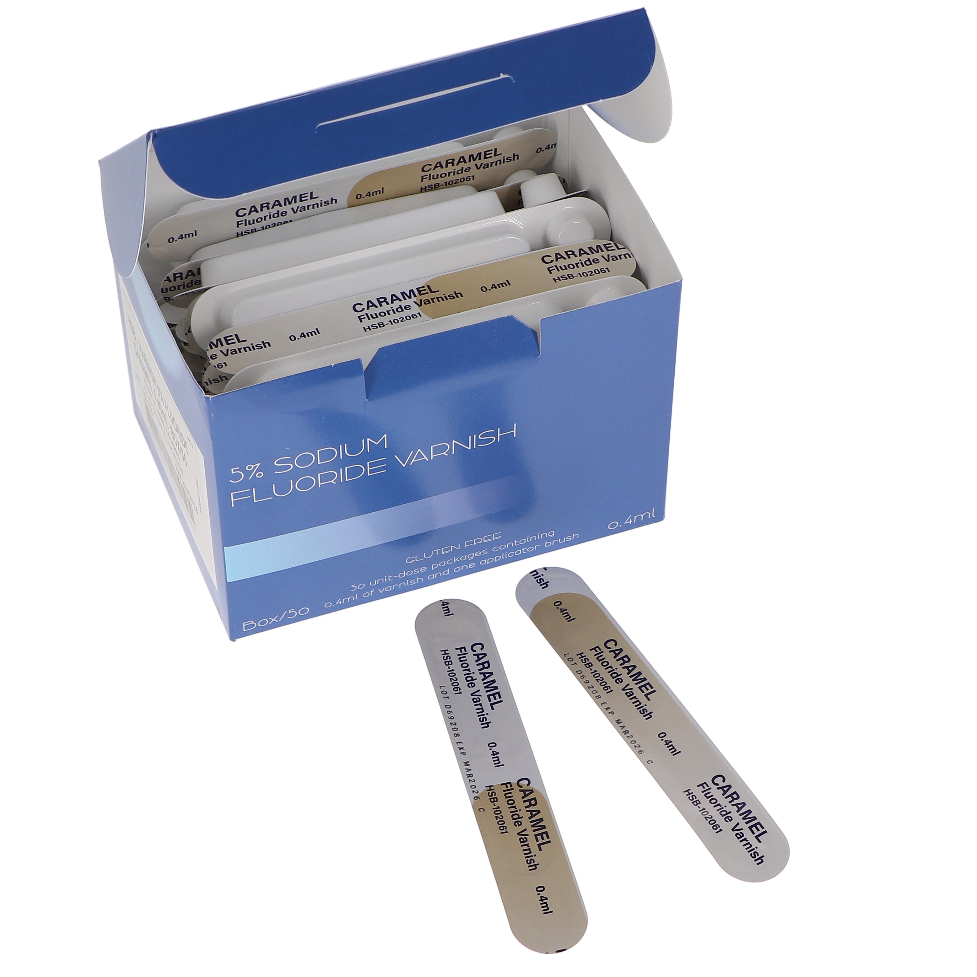 House Brand Dentistry 102061 HSB Fluoride Dental Varnish Caramel 50/Bx 0.40 mL House Brand Dentistry 102061 HSB Fluoride Dental Varnish Caramel 50/Bx 0.40 mL